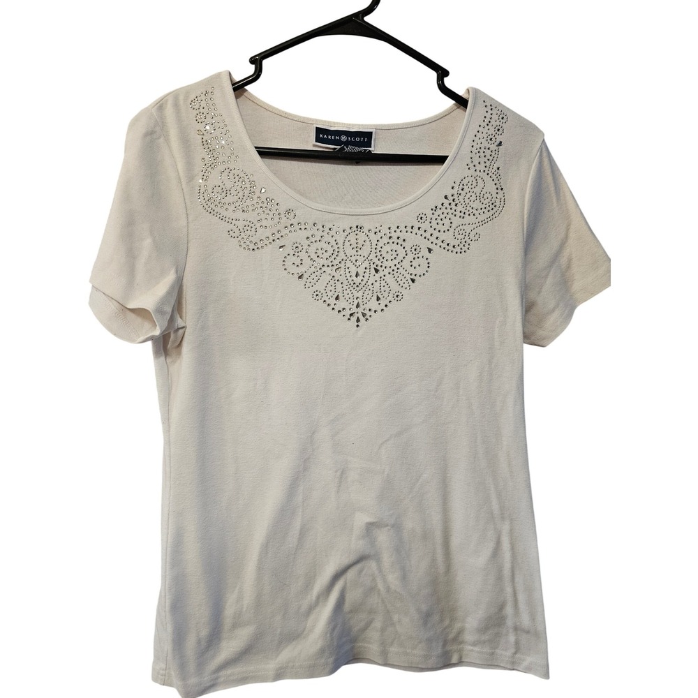 Karen Scott Womens white Rhinestone Eyelet Neck Short Sleeve T-Shirt Size‎ M